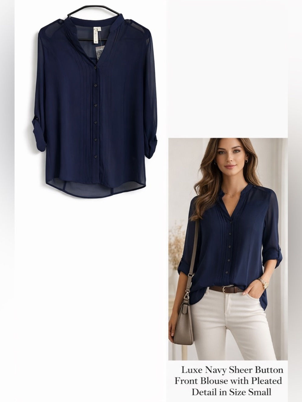 Sugarmint Navy Sheer Pleated Button-Front Blouse Roll Tab Sleeve Top Size S - Picture 2 of 5
